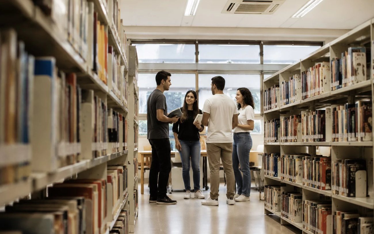 Grupo de pé entre prateleiras de livros, conversando sobre um tema de debate